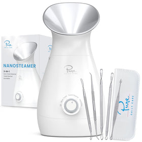 Pure Daily Care NanoSteamer front view showing sleek silver housing and controls for easy styling
