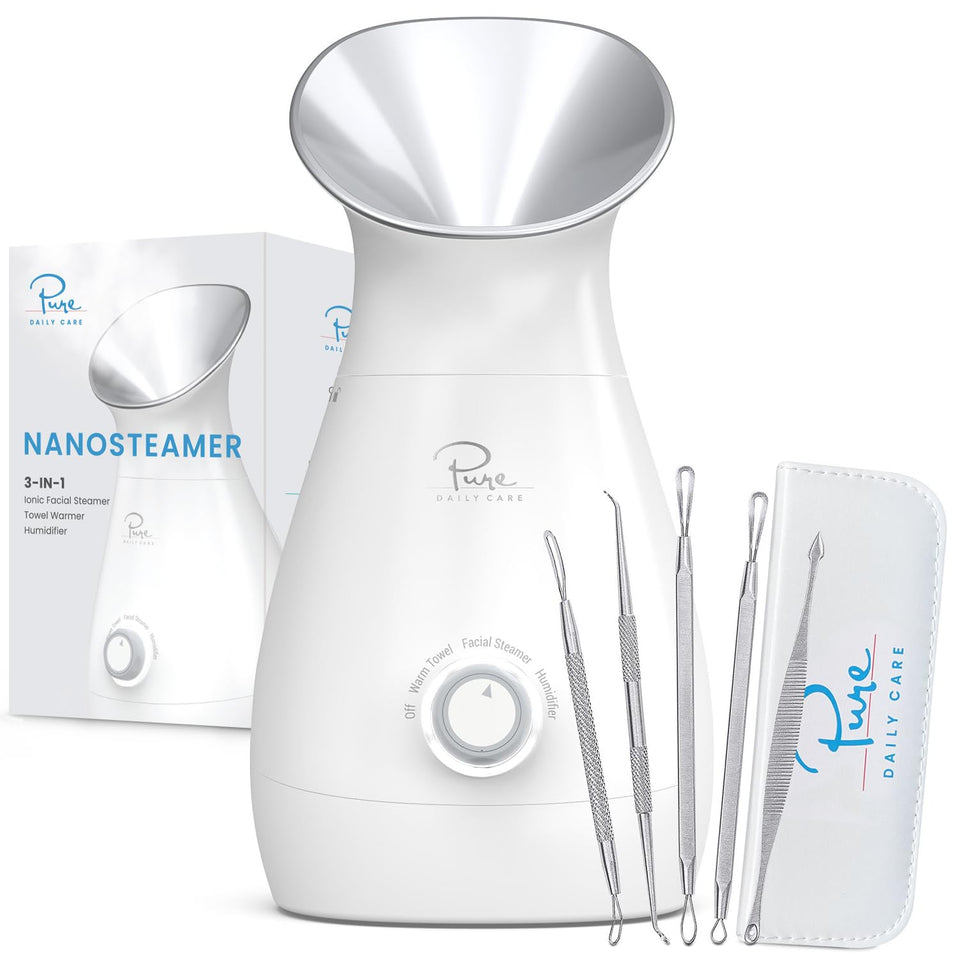 Pure Daily Care NanoSteamer front view showing sleek silver housing and controls for easy styling