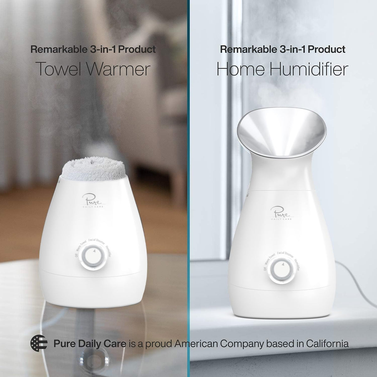 Pure Daily Care NanoSteamer next to measuring cup showing scale to fill tank accurately and safely
