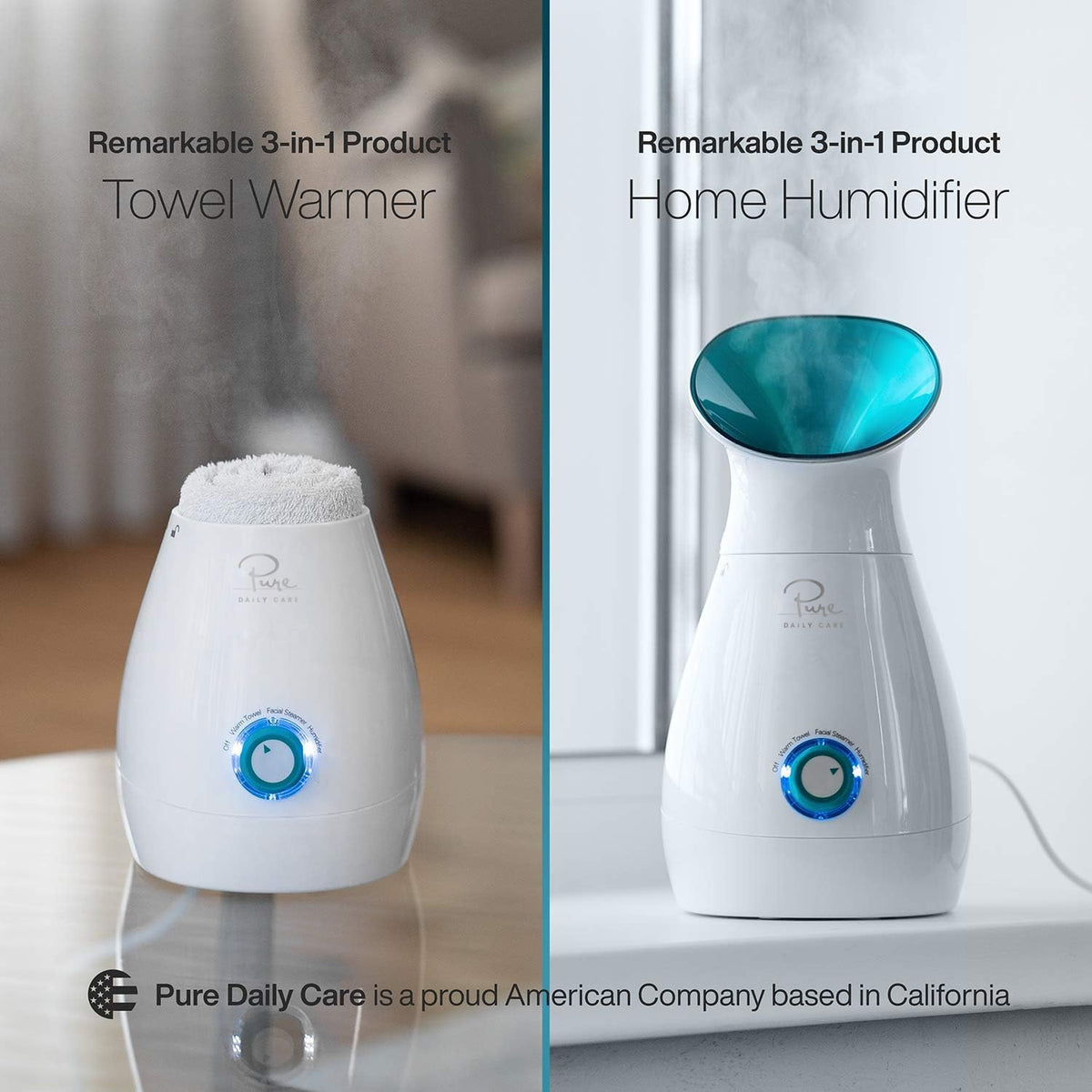 Pure Daily Care NanoSteamer on a vanity beside cosmetic items showing ideal countertop footprint