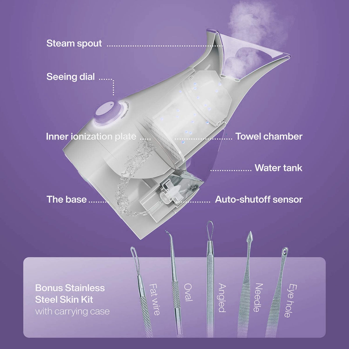 Pure Daily Care NanoSteamer steam outlet detail illustrating nano-ionic mist for improved skin hydration