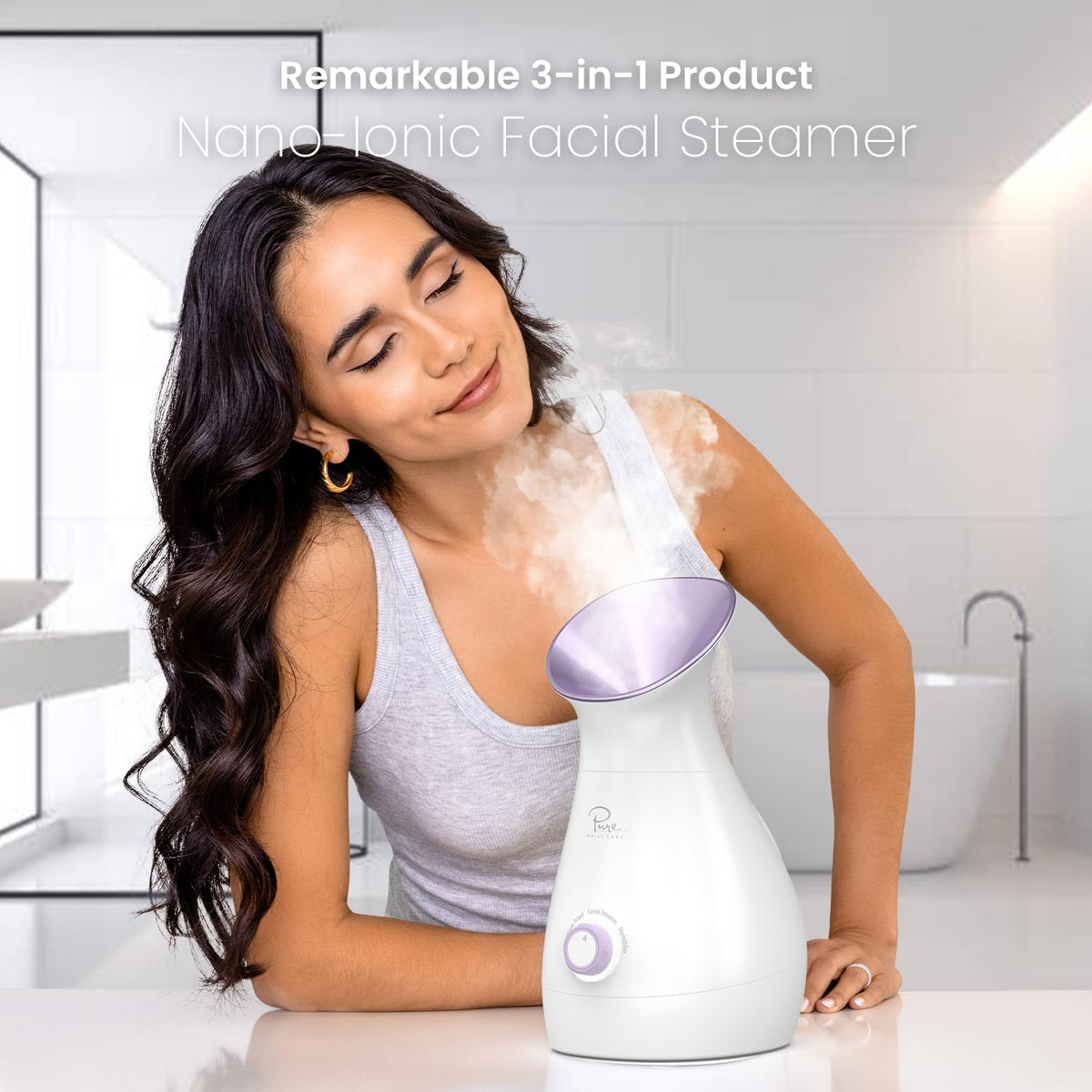 Pure Daily Care NanoSteamer towel warming chamber showing warm towel convenience for makeup removal