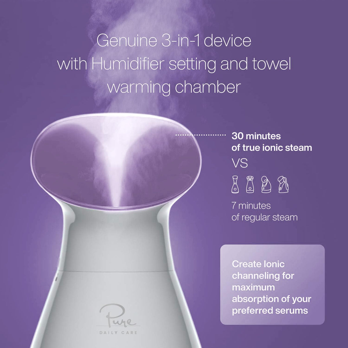 Pure Daily Care NanoSteamer 200ml water tank closeup highlighting longer 30-minute runtime safety
