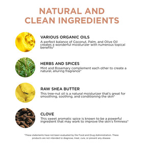 Pure for Men shea mint and clove ingredients laid out to highlight natural scent and soothing benefit