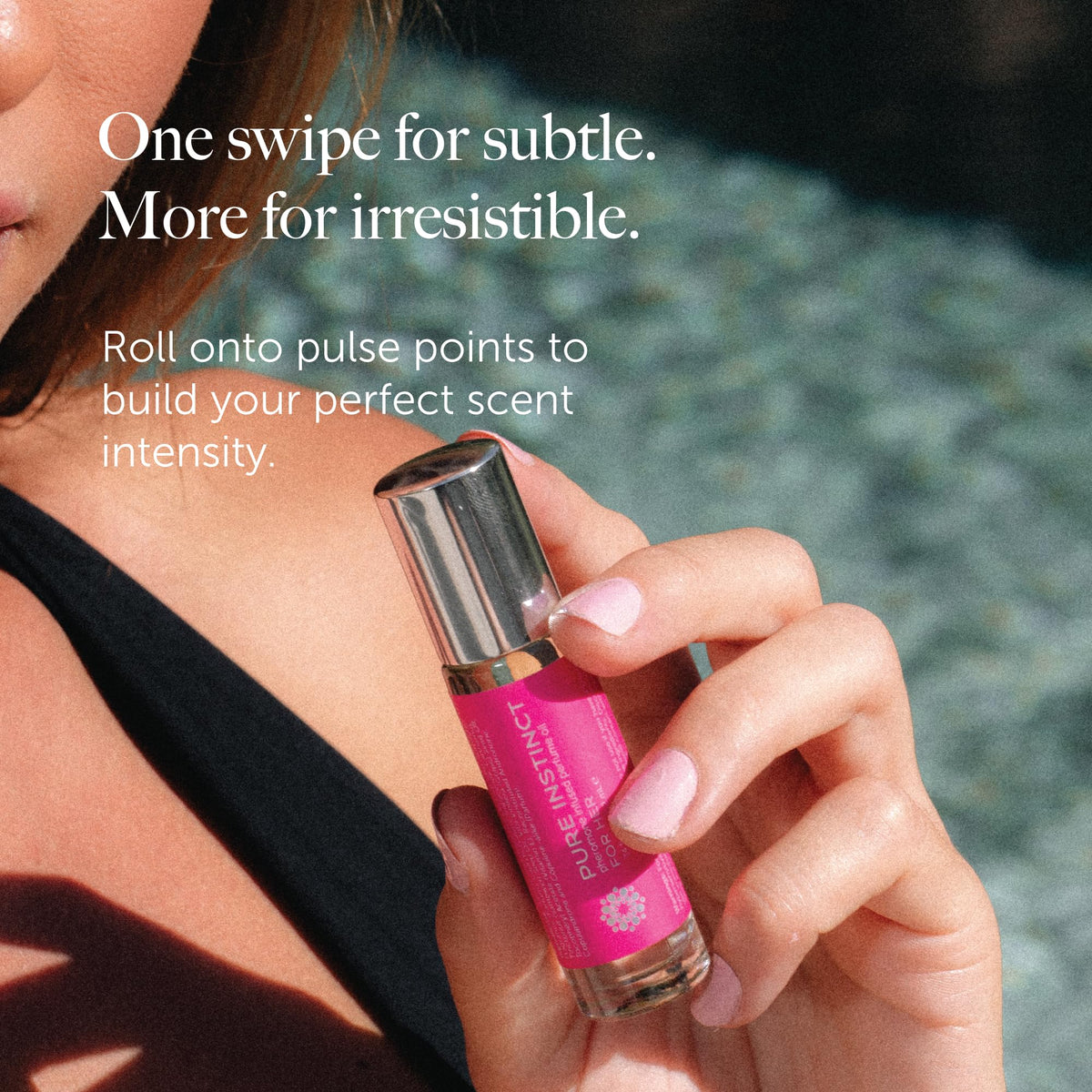 Pure Instinct oil on skin texture illustrating quick absorption and long wear
