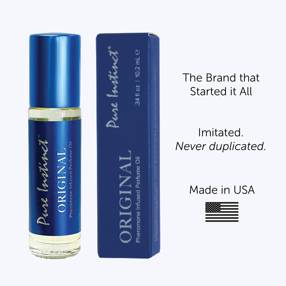 Pure Instinct open cap next to credit card shows TSA-ready 0.34 oz portable size