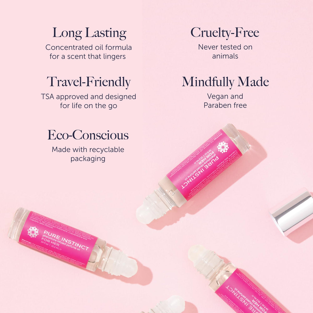 Pure Instinct size comparison next to lipstick proving TSA-friendly travel size