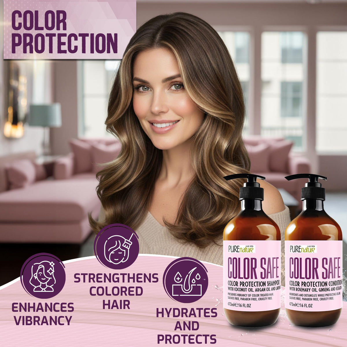 PURE NATURE LUX SPA label close-up highlighting color-safe benefits