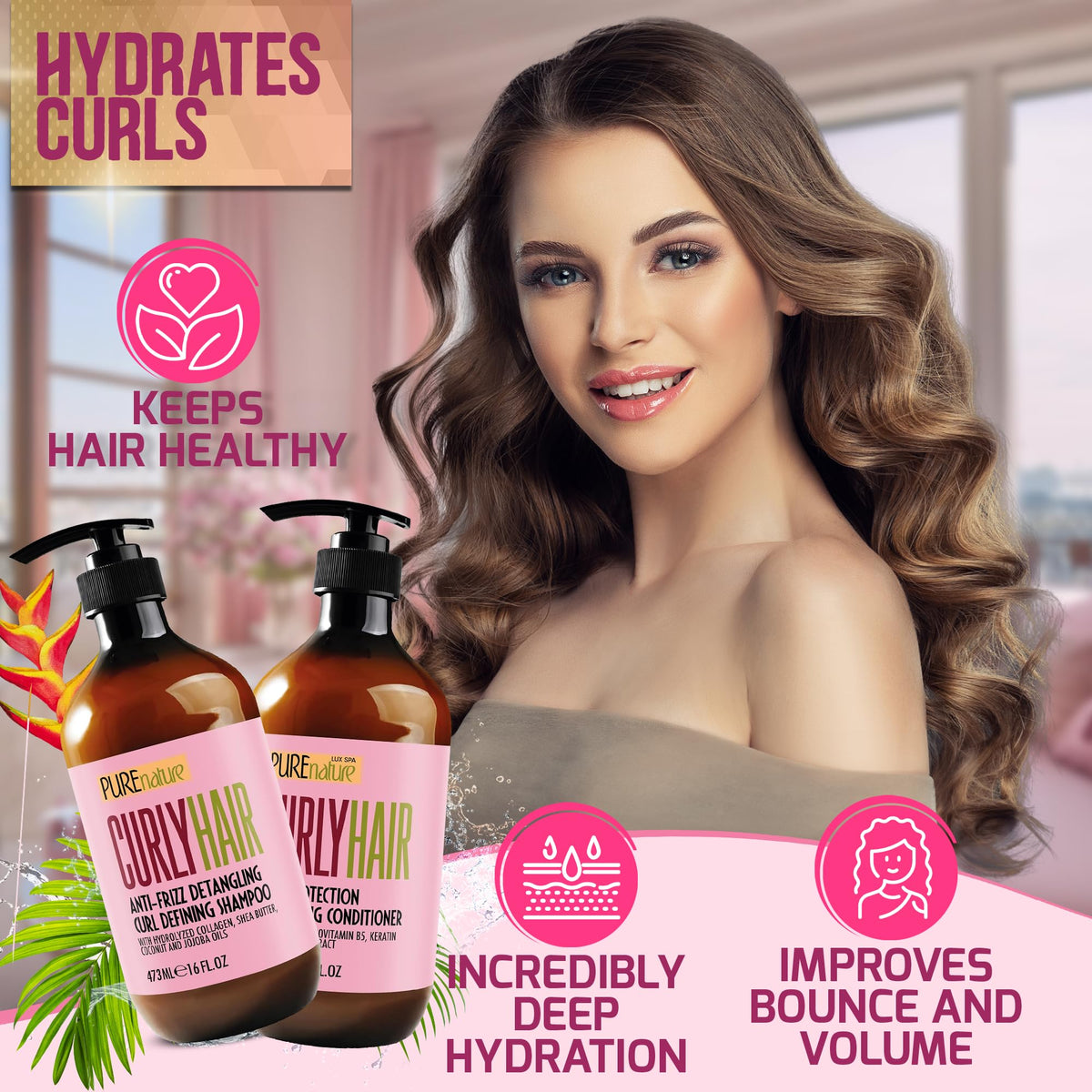 PURE NATURE LUX SPA bottle label detail highlighting key botanical ingredients and benefits