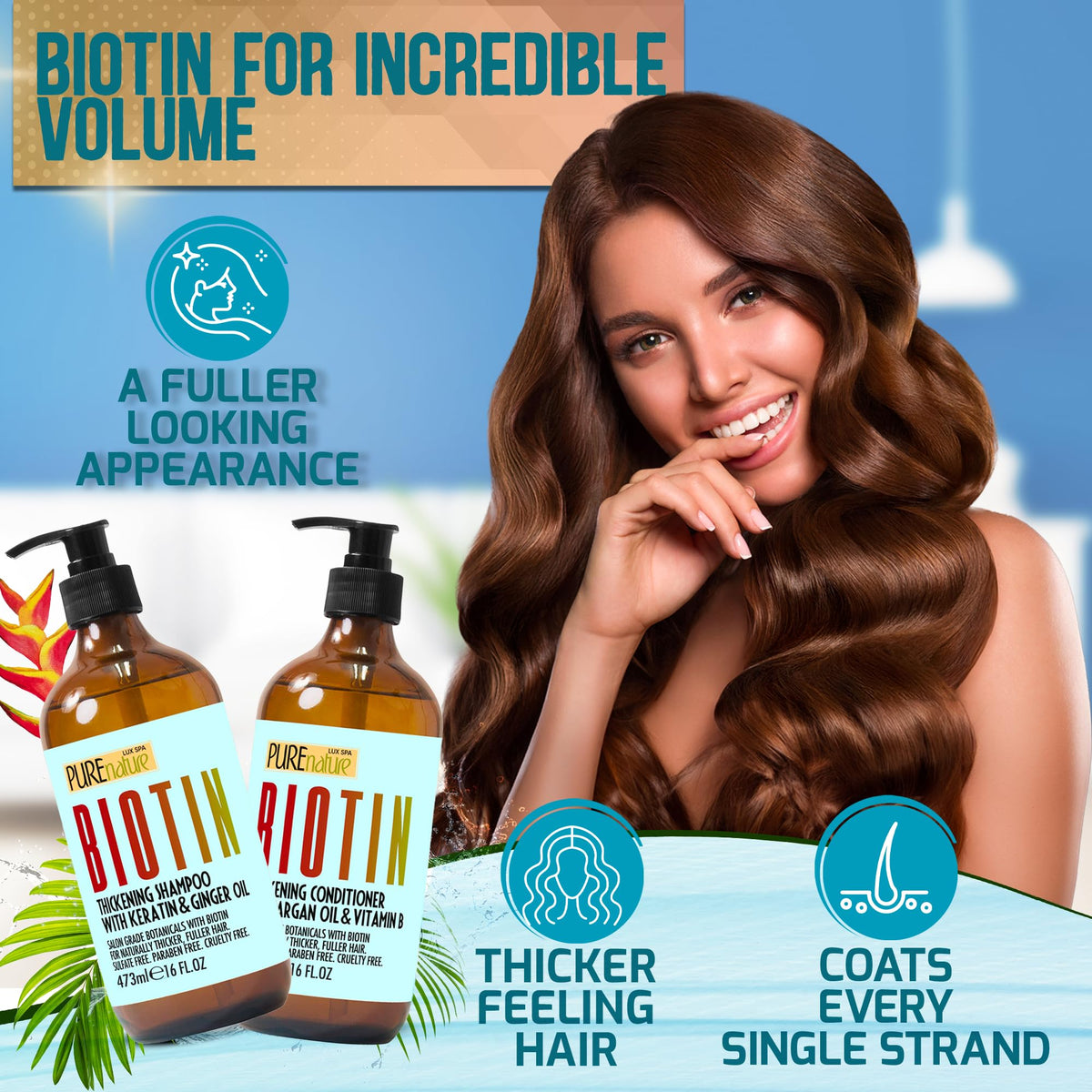 Pure Nature Lux Spa bottle label detail highlighting biotin and sulfate-free benefit