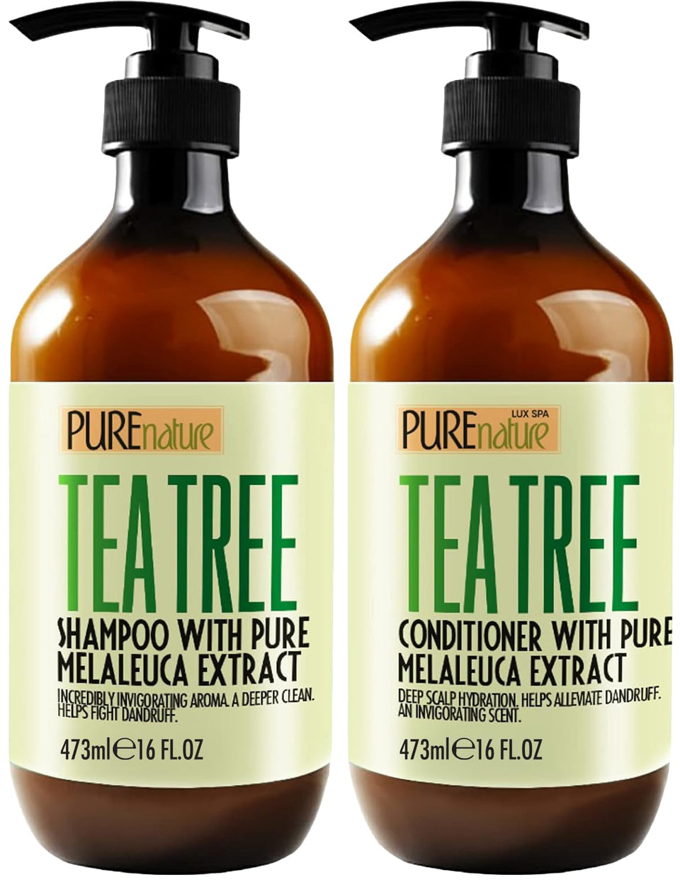 PURE NATURE LUX SPA front packaging showing tea tree duo and benefits
