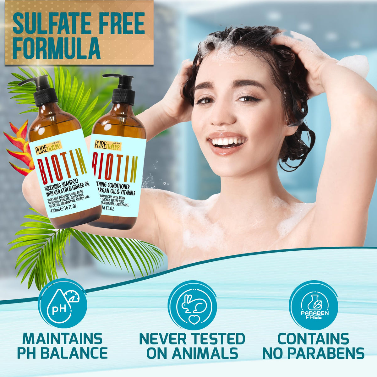 Pure Nature Lux Spa lifestyle before-after showing fuller looking hair and improved volume