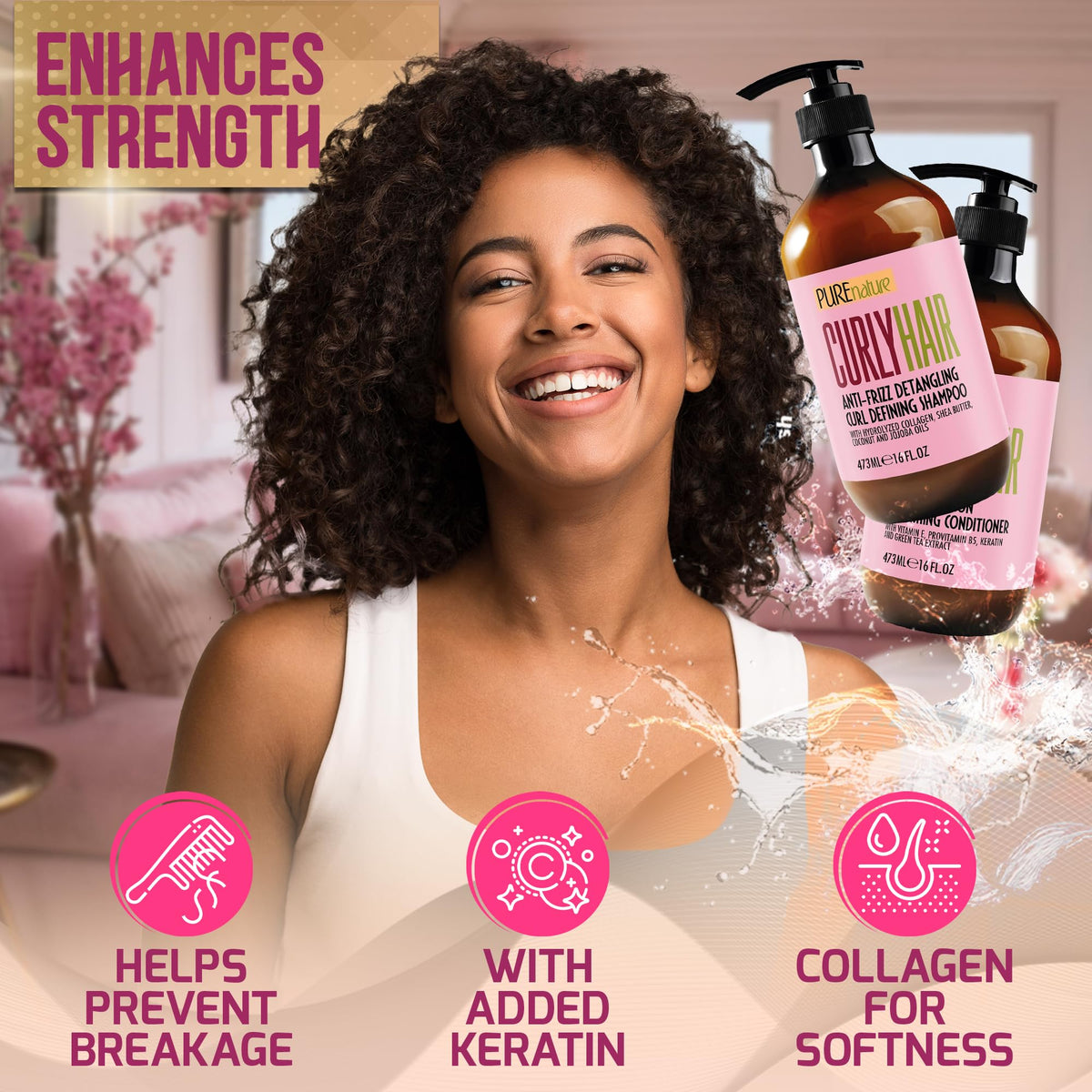 PURE NATURE LUX SPA lifestyle curly hair result showing defined, frizz-controlled hydrated curls