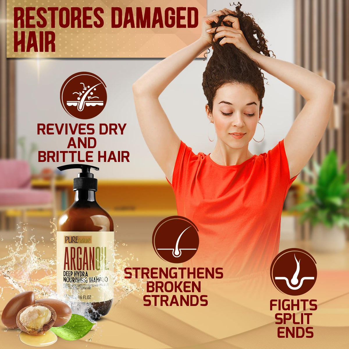 PURE NATURE LUX SPA shampoo bottle on bathroom shelf suggesting salon-quality benefit