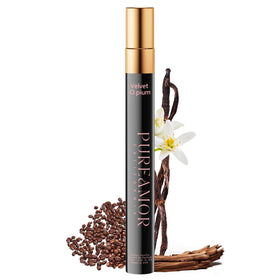 PUREAMOR front packaging showing elegant amber vanilla bottle and travel size benefit