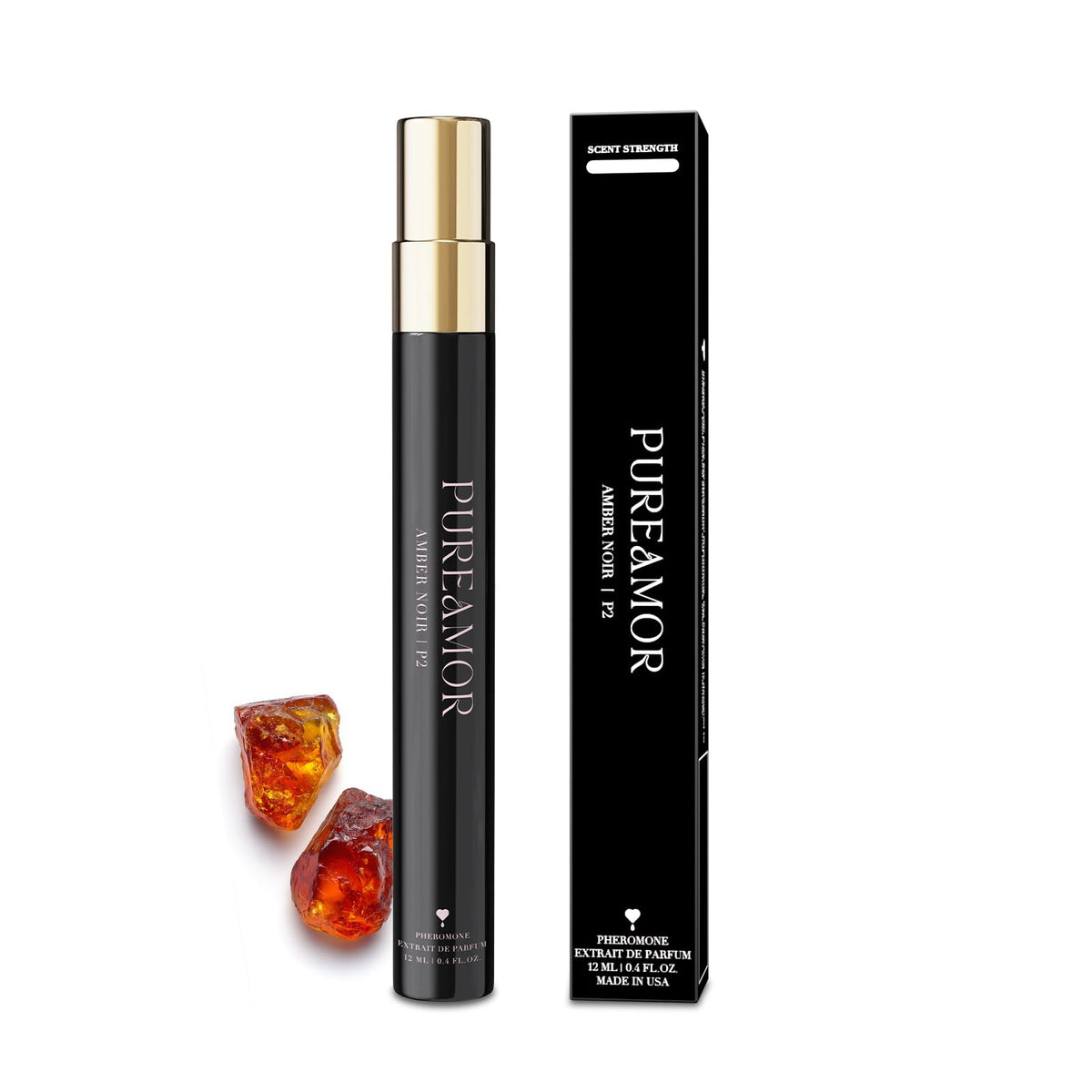 PUREAMOR front packaging showing elegant amber noir bottle and clear label