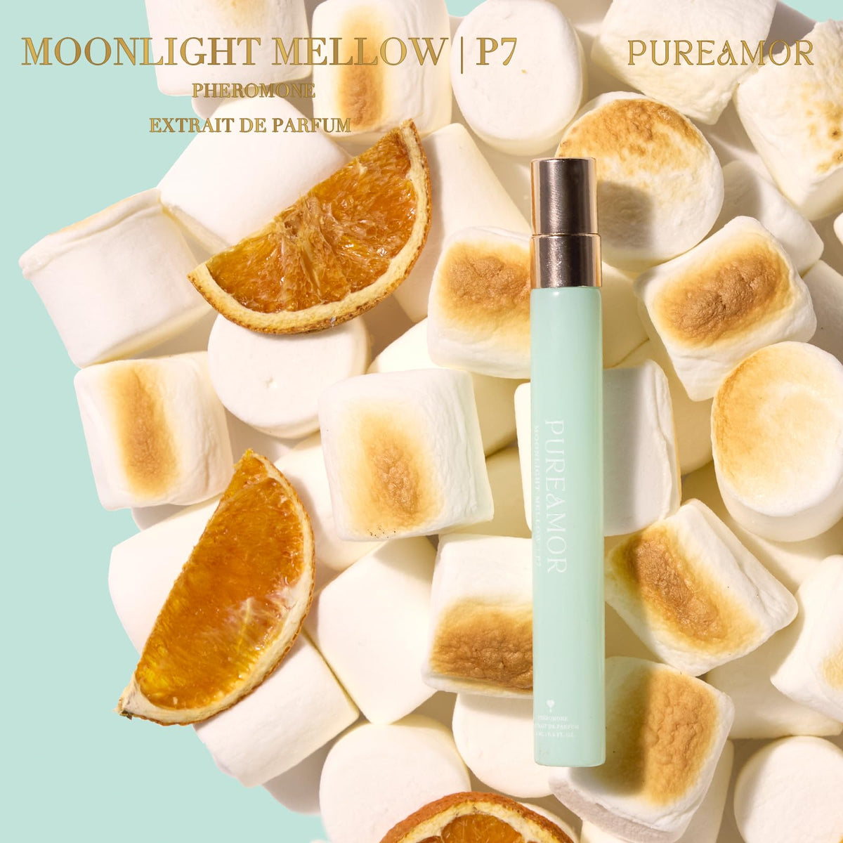 PUREAMOR ingredients layout with citrus, blossoms, and caramel accents illustrating scent notes