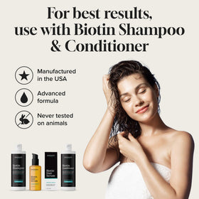 Meraz Pureauty Naturals bottle paired with matching biotin shampoo and conditioner