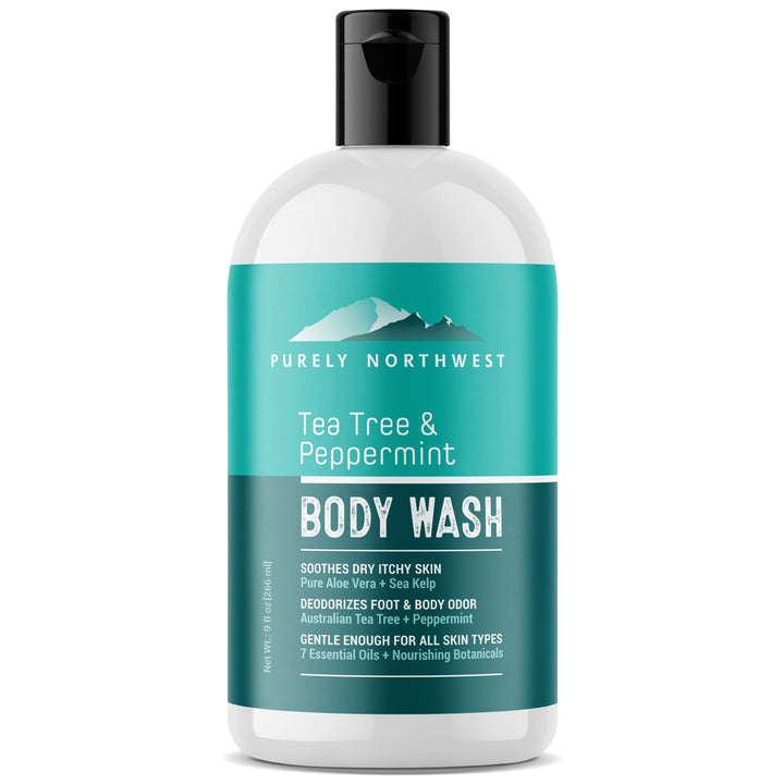 Purely Northwest front packaging showing refreshing tea tree body wash benefit: clear cleanse