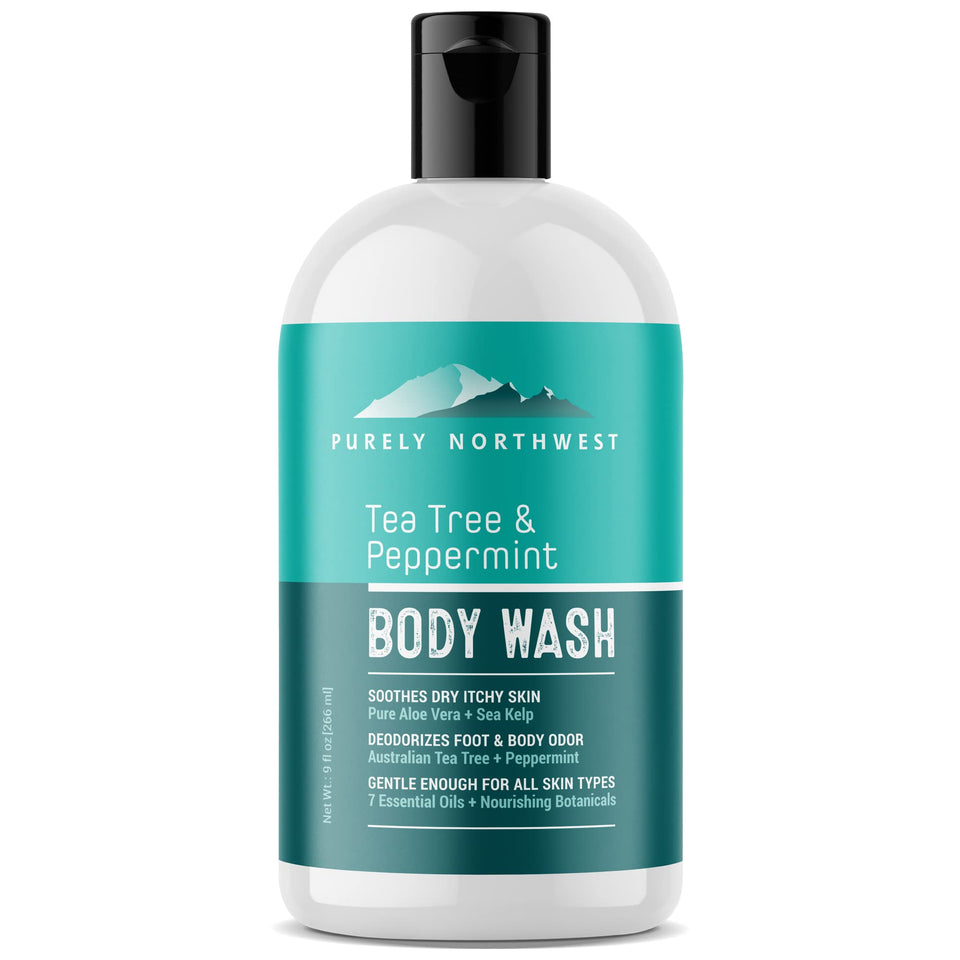 Purely Northwest front packaging showing refreshing tea tree body wash benefit: clear cleanse