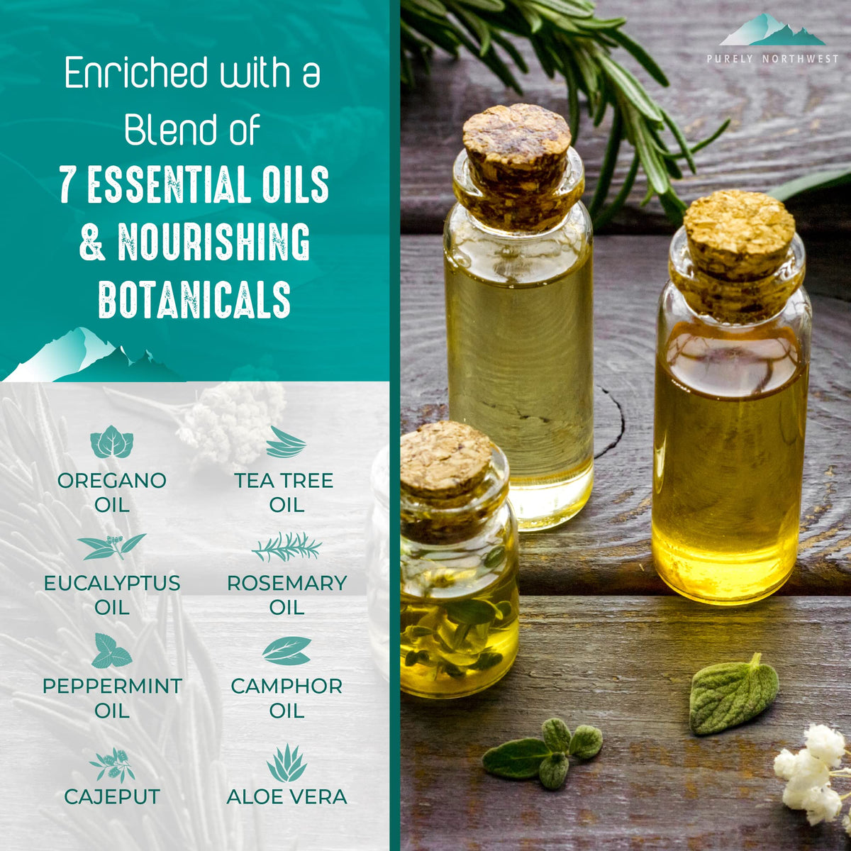 Purely Northwest tea tree peppermint eucalyptus oils flatlay showing natural ingredient benefits