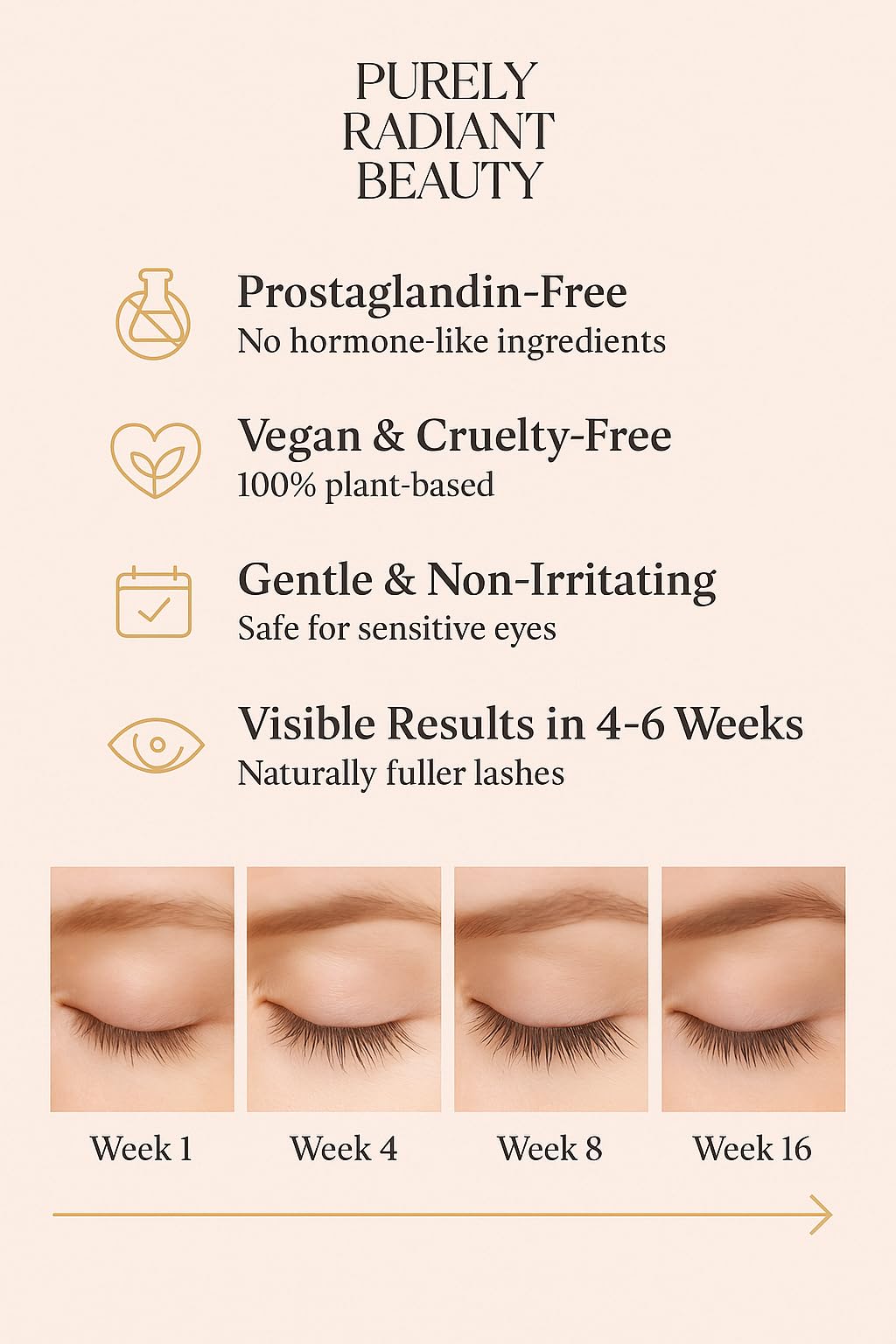 Purely Radiant before and after lash example illustrating fuller, thicker lash appearance