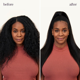 Pureology before and after hair comparison showing improved texture and shine