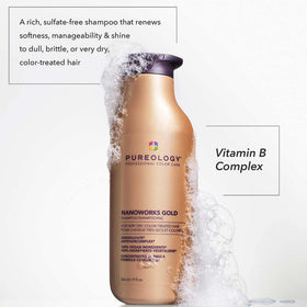 Close-up of Pureology label text highlighting Antifade Complex and vegan benefits