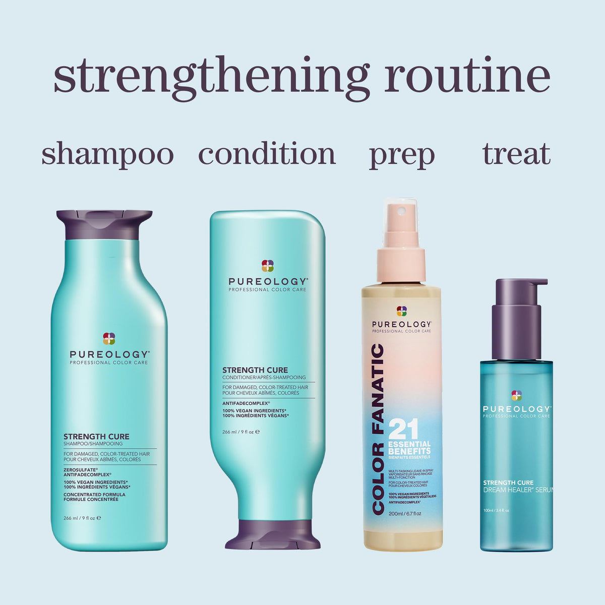 Pureology Strength Cure Conditioner on bathroom shelf styled in daily routine setting