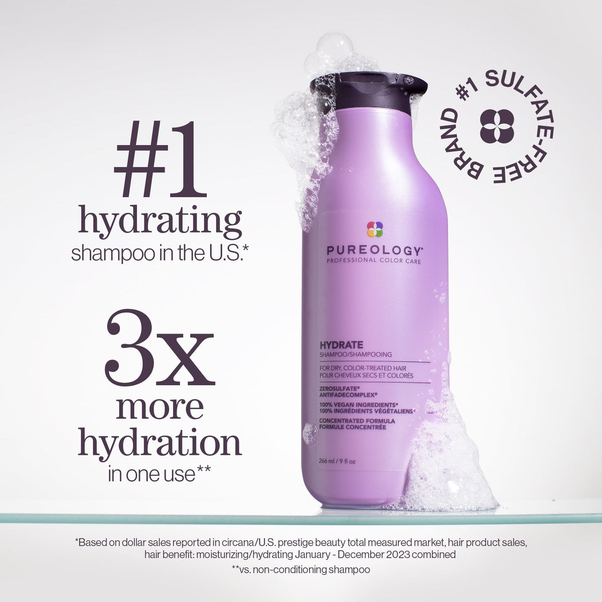 Pureology Hydrate back label close-up showing ingredients and usage benefits