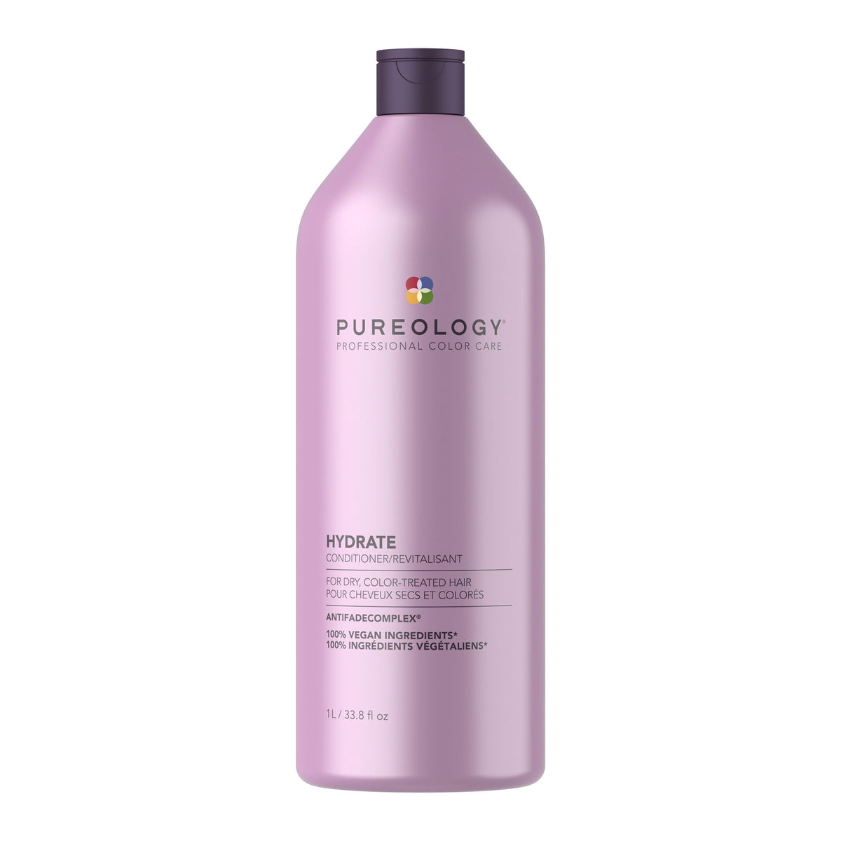 Pureology front bottle view showing brand and large 33.8 fl oz size benefit