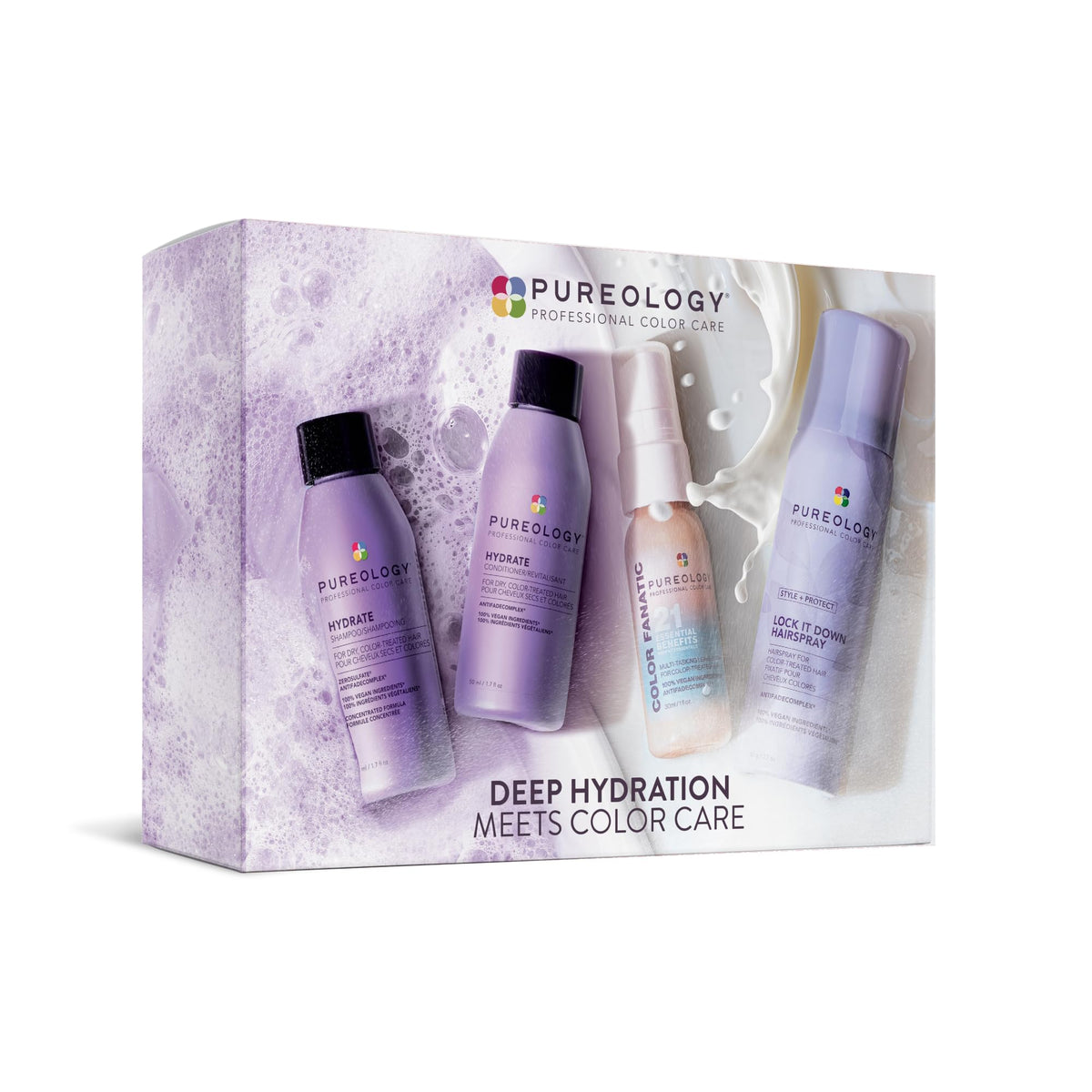 Pureology Hydrate kit front packaging showing all four travel-size products and convenience