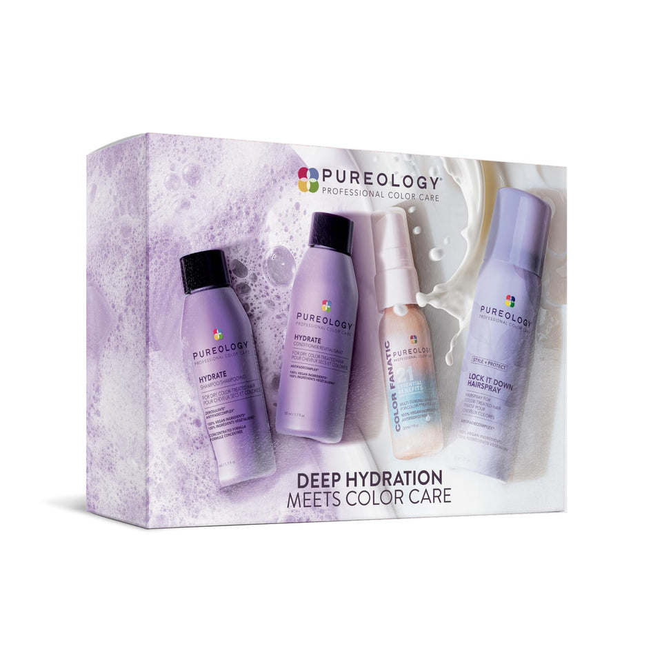Pureology Hydrate kit front packaging showing all four travel-size products and convenience