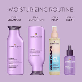 Pureology before and after hair showing softer, shinier color-treated results