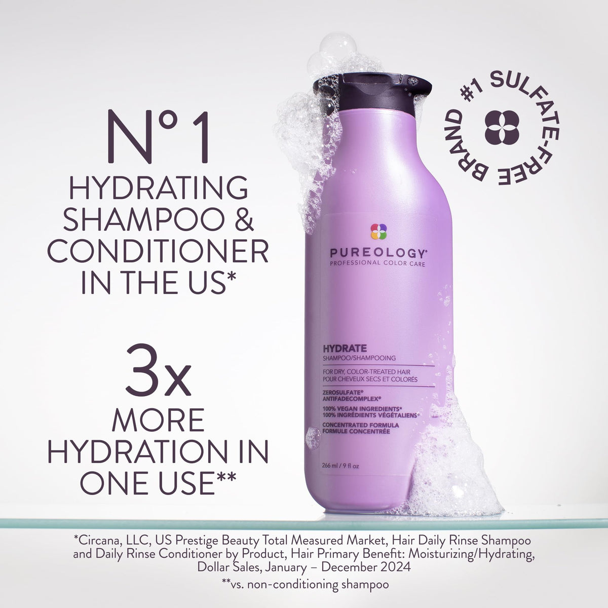 Pureology label close-up highlighting ingredients and easy-pump benefit