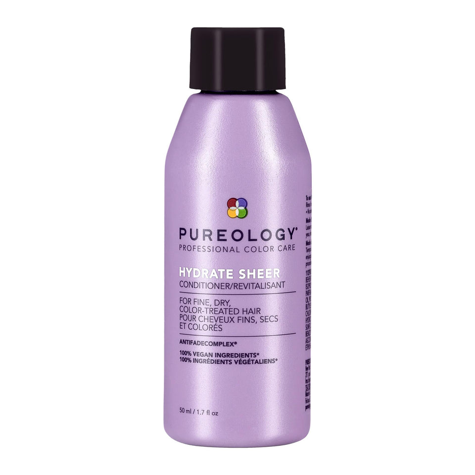 Pureology front packaging showing compact 1.7 fl oz bottle and branding benefits
