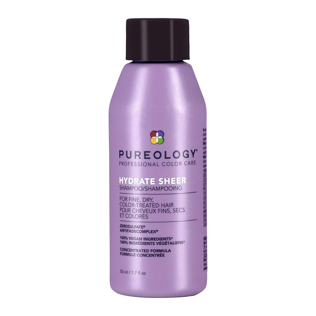 Pureology front bottle showing Hydrate Sheer lightweight shampoo and travel size benefit