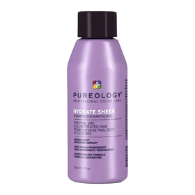 Pureology front bottle showing Hydrate Sheer lightweight shampoo and travel size benefit