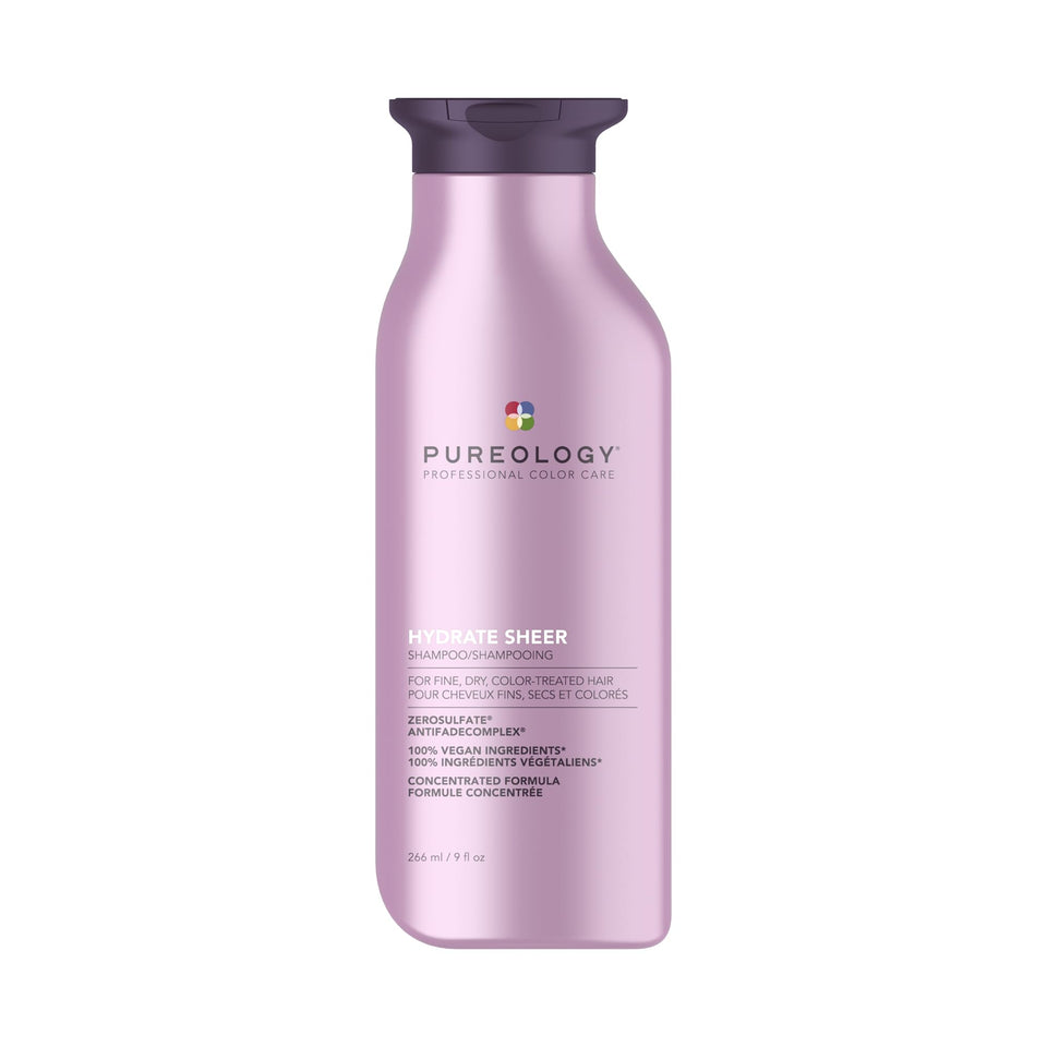 Pureology front packaging showing sleek bottle and color-safe claim benefit