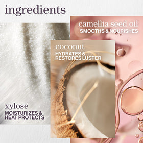 Coconut and camellia oils next to Pureology bottle emphasizing nourishing benefit
