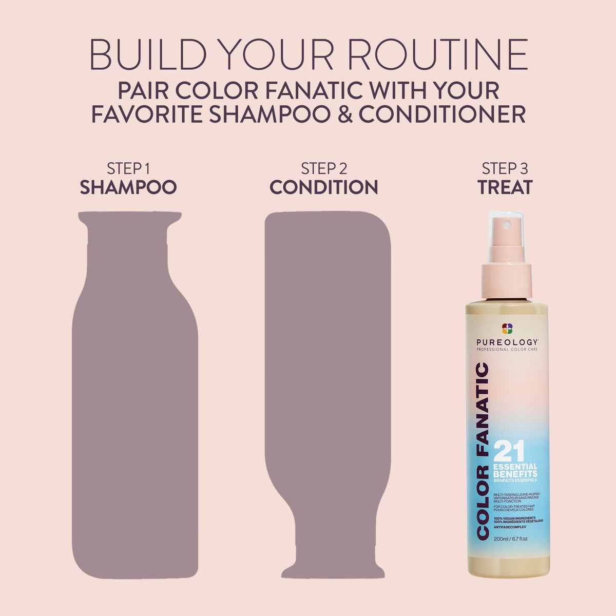 Pureology bottle on bathroom vanity in lifestyle scene suggesting daily styling routine
