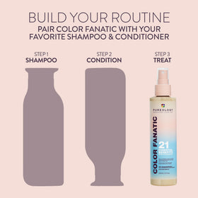Pureology bottle on bathroom vanity in lifestyle scene suggesting daily styling routine