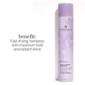 Pureology Lock It Down hairspray aerosol nozzle detail showing strong hold benefit