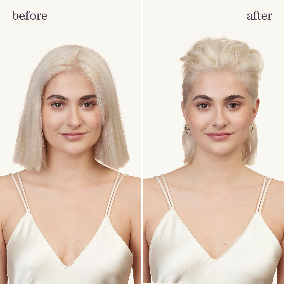 Stylist applying Pureology mousse with blow-dryer to create long-lasting root lift and body
