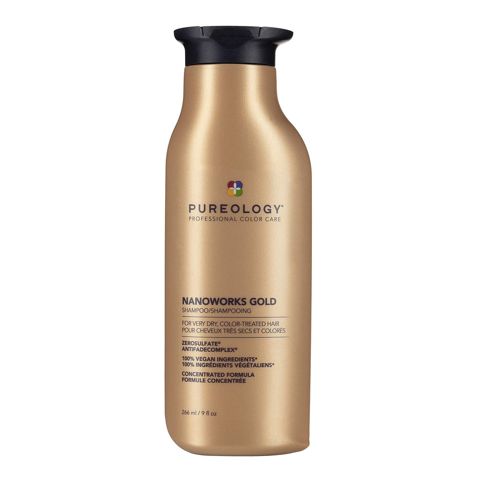 Pureology Nanoworks Gold shampoo front view showing elegant bottle and color protection