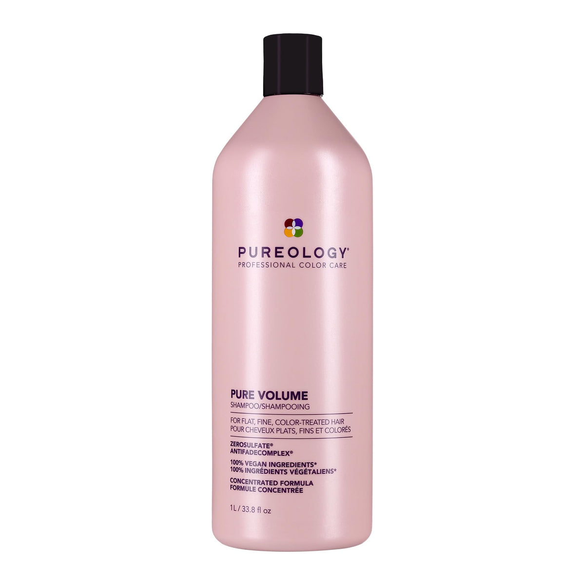 Pureology Pure Volume front bottle showing volumizing shampoo bottle and branding benefits