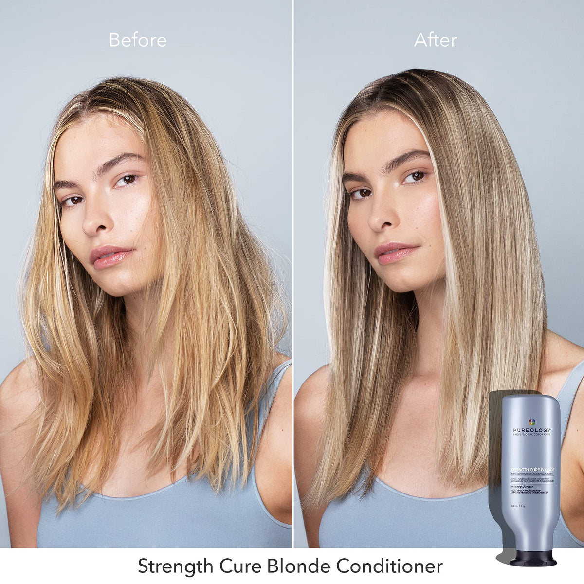 Pureology purple conditioner before and after hair strand showing reduced brassiness