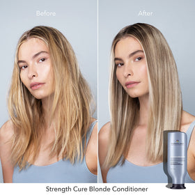 Pureology purple conditioner before and after hair strand showing reduced brassiness