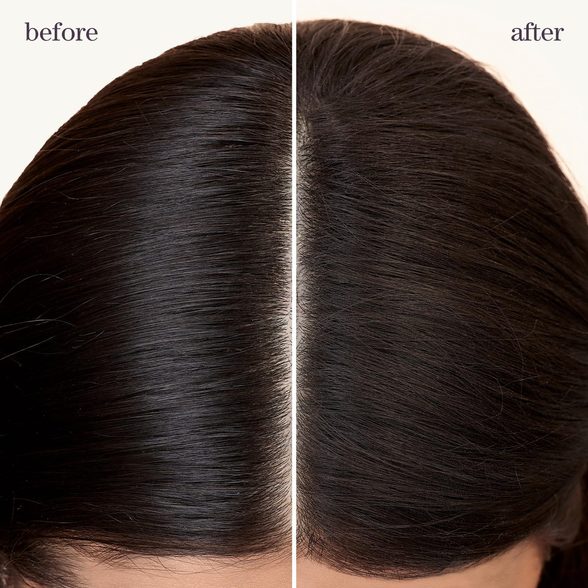 Pureology before and after roots showing lifted volume and longer-lasting color benefit