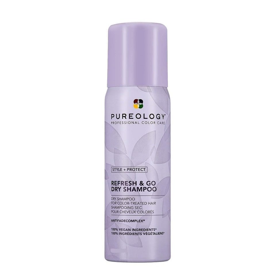 Pureology front packaging showing compact can and branding, travel-friendly benefit